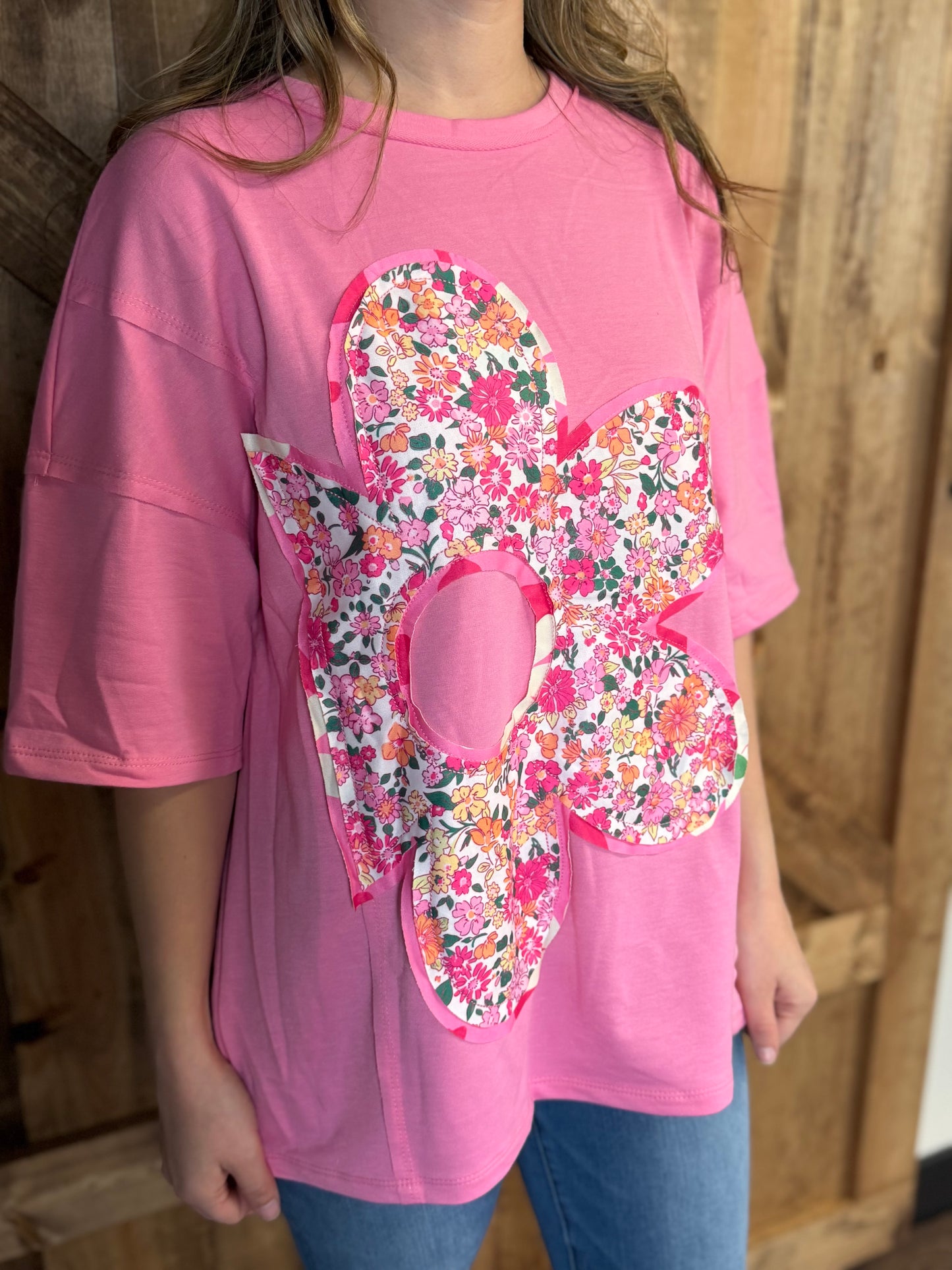 Floral Patchwork Raw Seam Oversize Tee