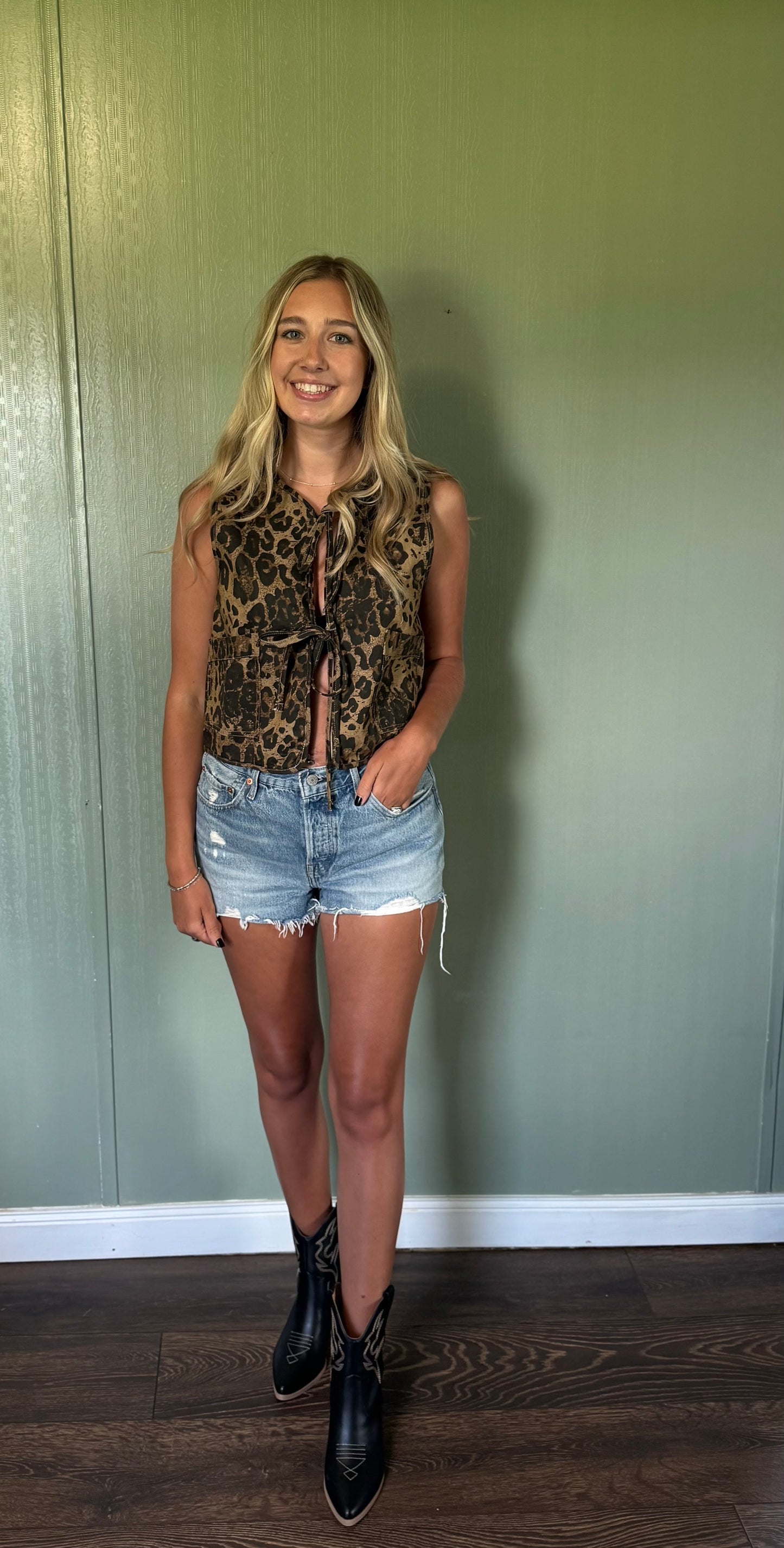 Leopard Print Sleeveless Denim Top