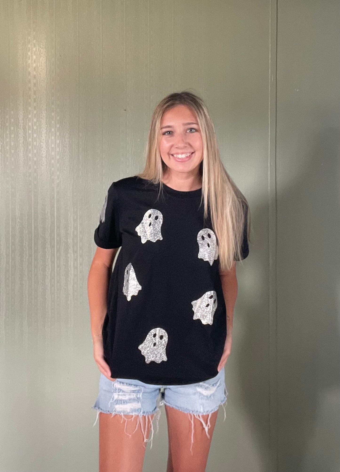 Glitter Ghost Round Neck Short Sleeve T-Shirt