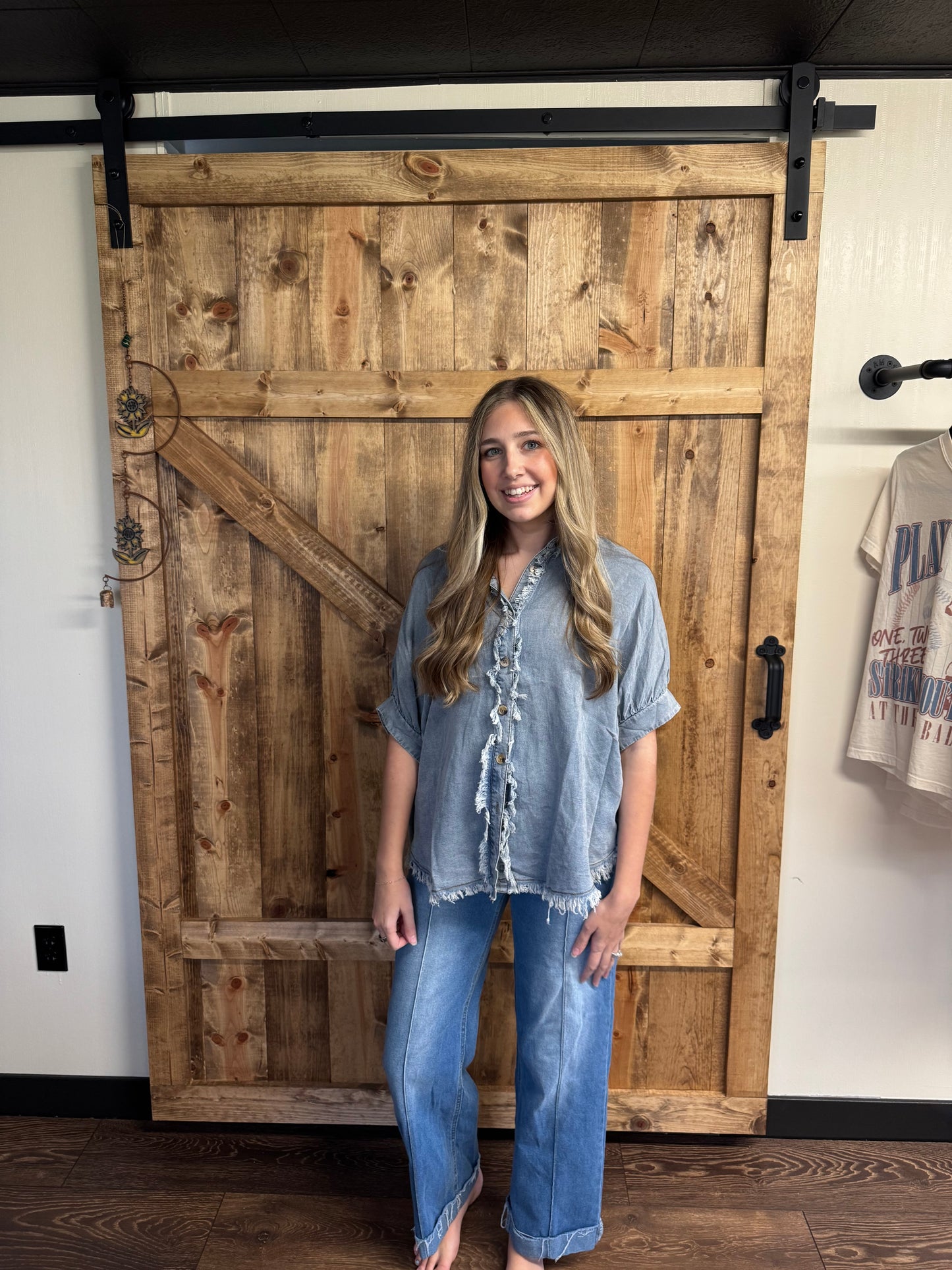 Frayed Trim Denim Button Top
