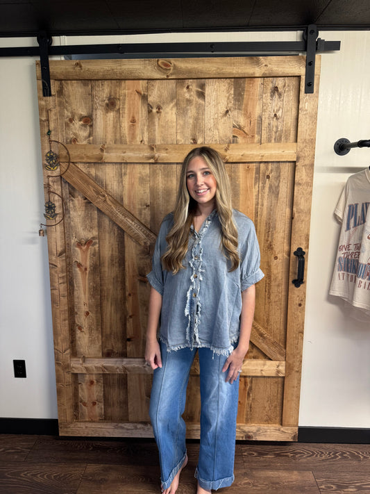 Frayed Trim Denim Button Top