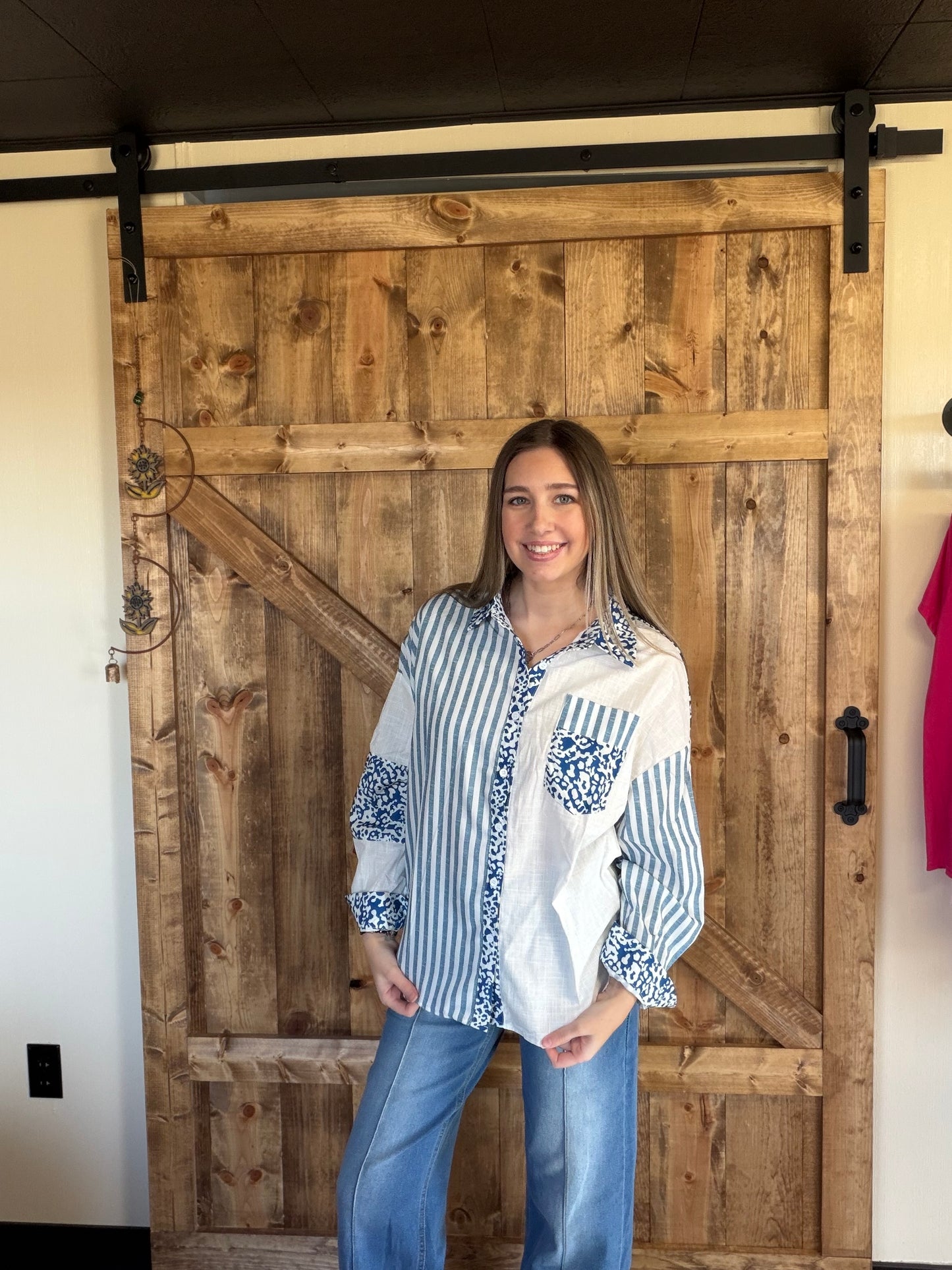 Striped Patchwork Button Down Shirt with Leopard Print Details