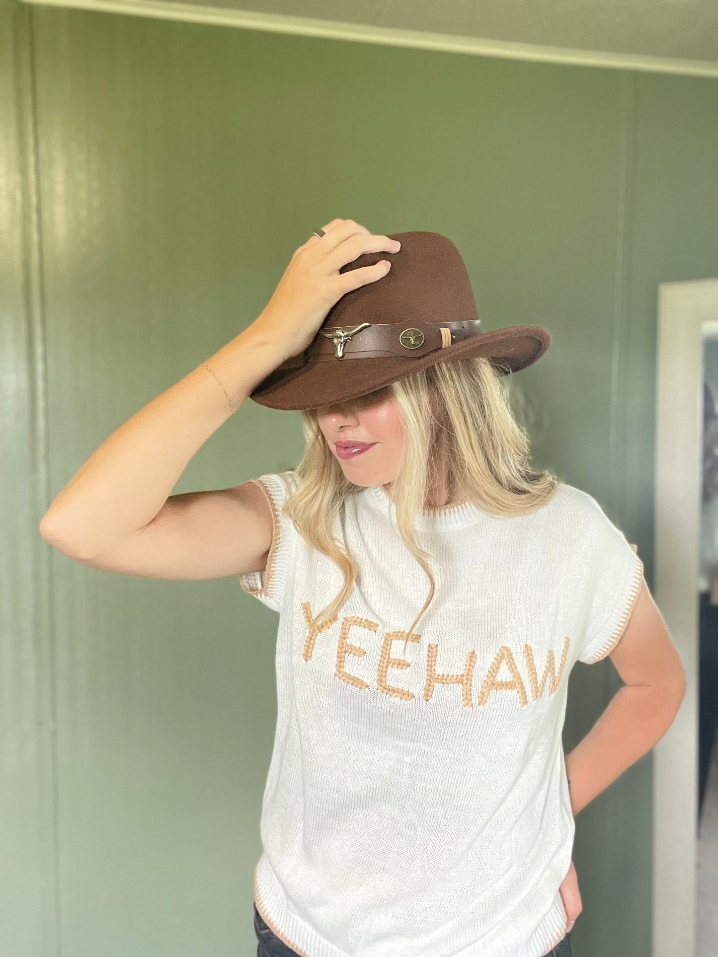 YEEHAW Stitch Edge Crew Neck Knit Top