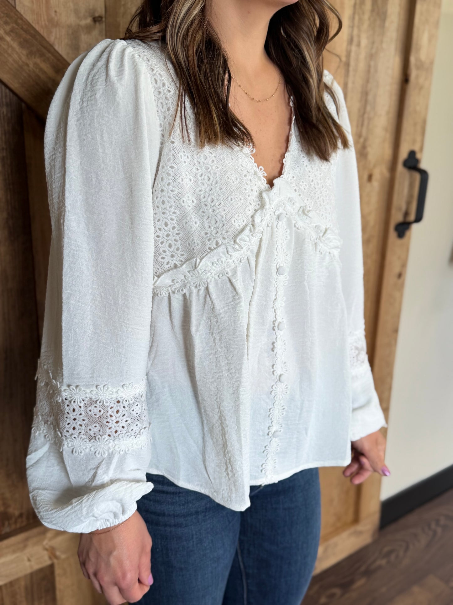 PRETTY BASH Solid Floral Guipure Lace Frilled Blouse