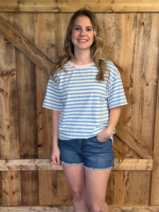 Stripe Contrast Crew Neck Drop Shoulder Tee