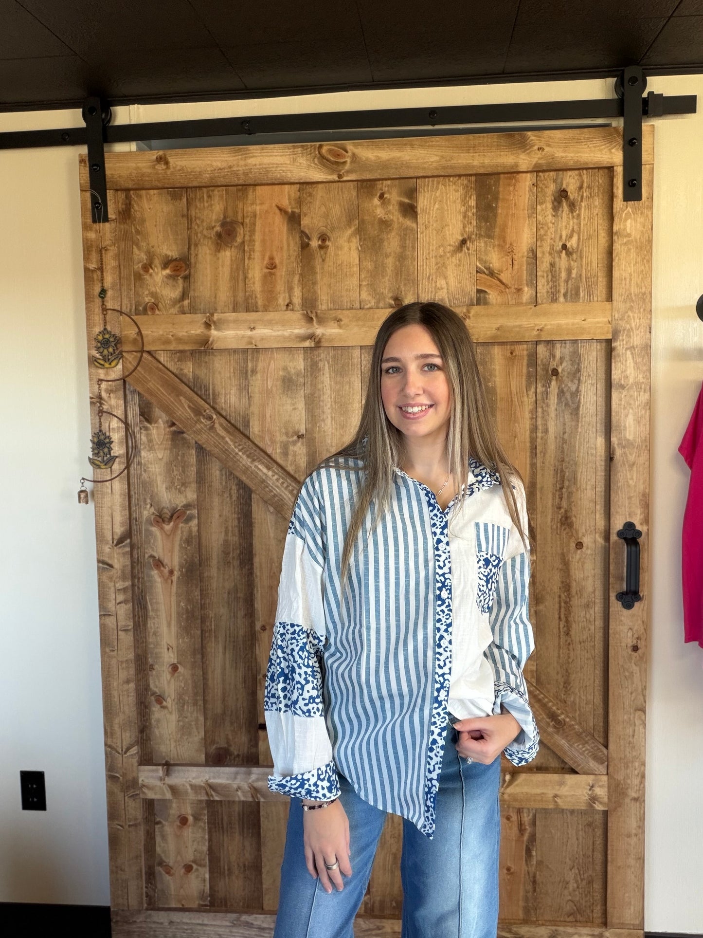 Striped Patchwork Button Down Shirt with Leopard Print Details