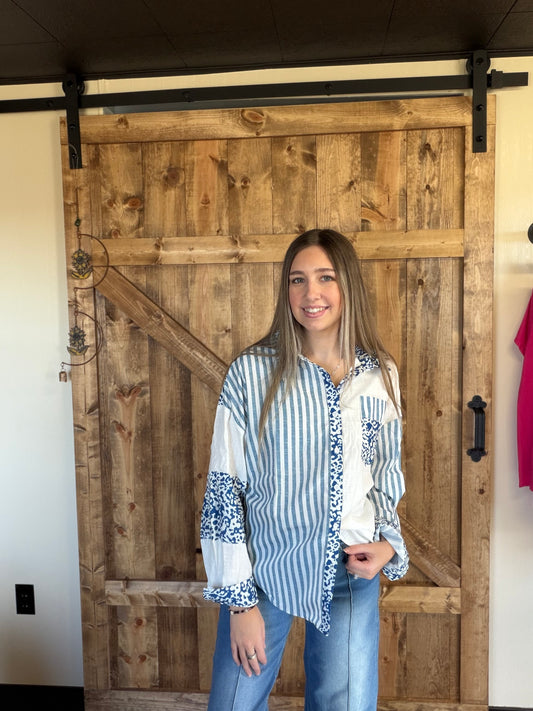 Striped Patchwork Button Down Shirt with Leopard Print Details