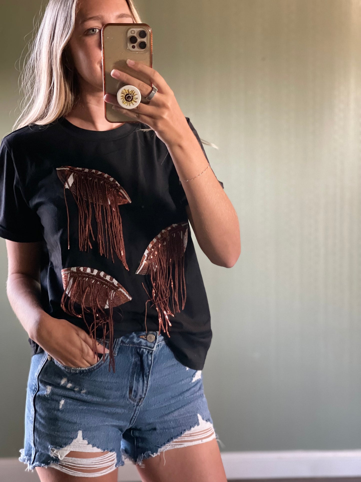 Sequin Football Round Neck Short Sleeve T-Shirt