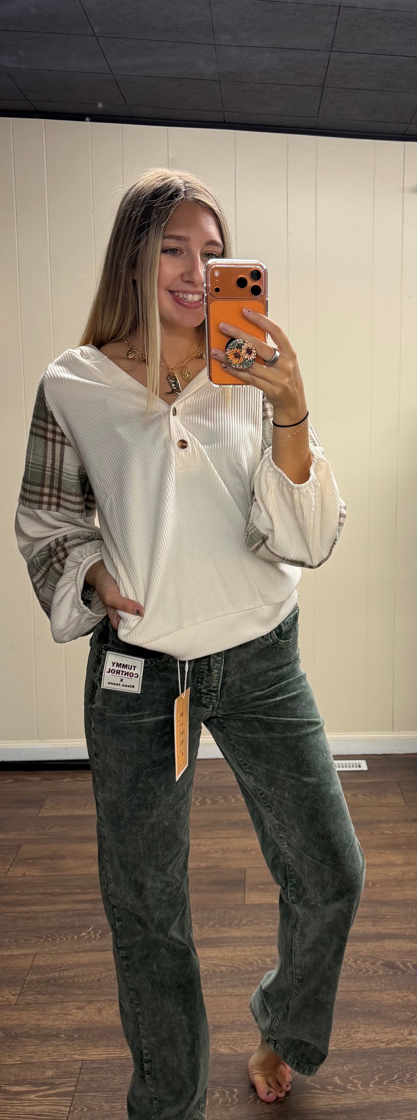 Plaid V-Neck Button Front Sweatshirt