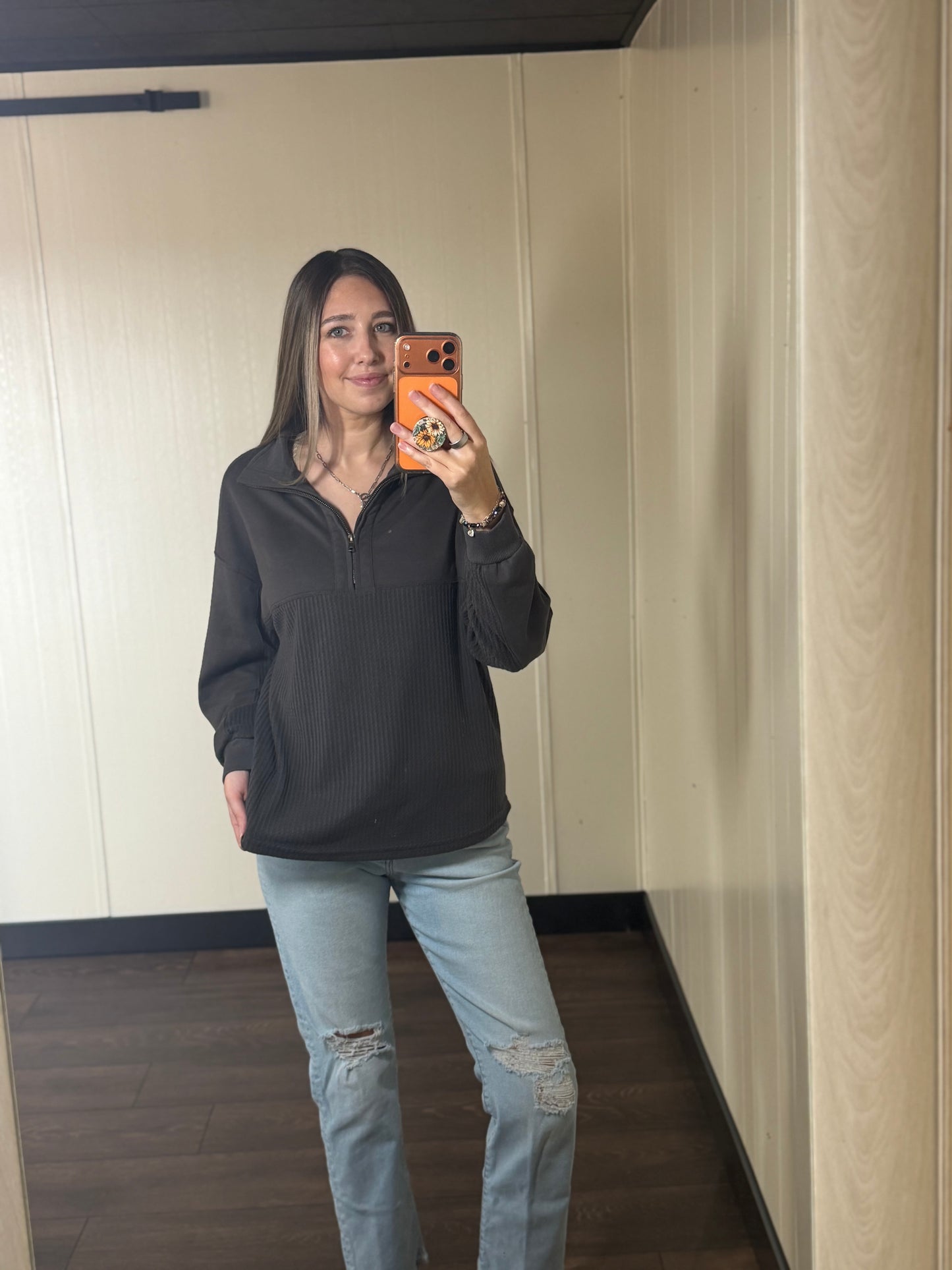 Waffle Knit Patchwork Half Zipped Casual Sweatshirt