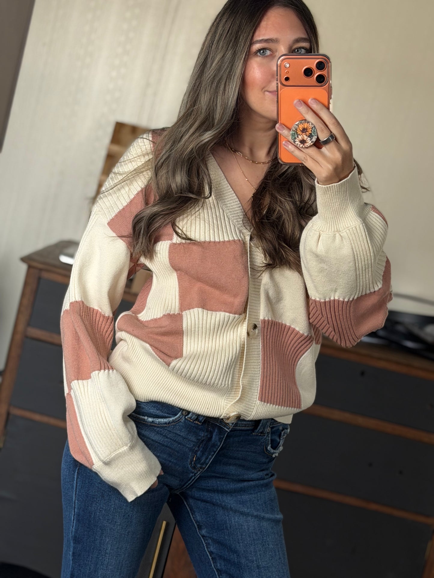 Double Take Full Size Checkered Dropped Shoulder Cardigan