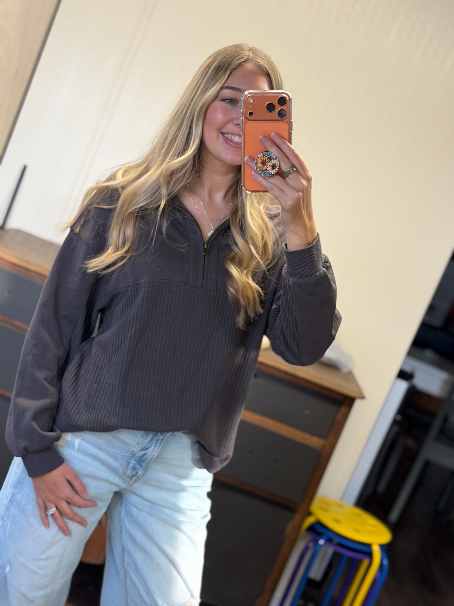 Waffle Knit Patchwork Half Zipped Casual Sweatshirt