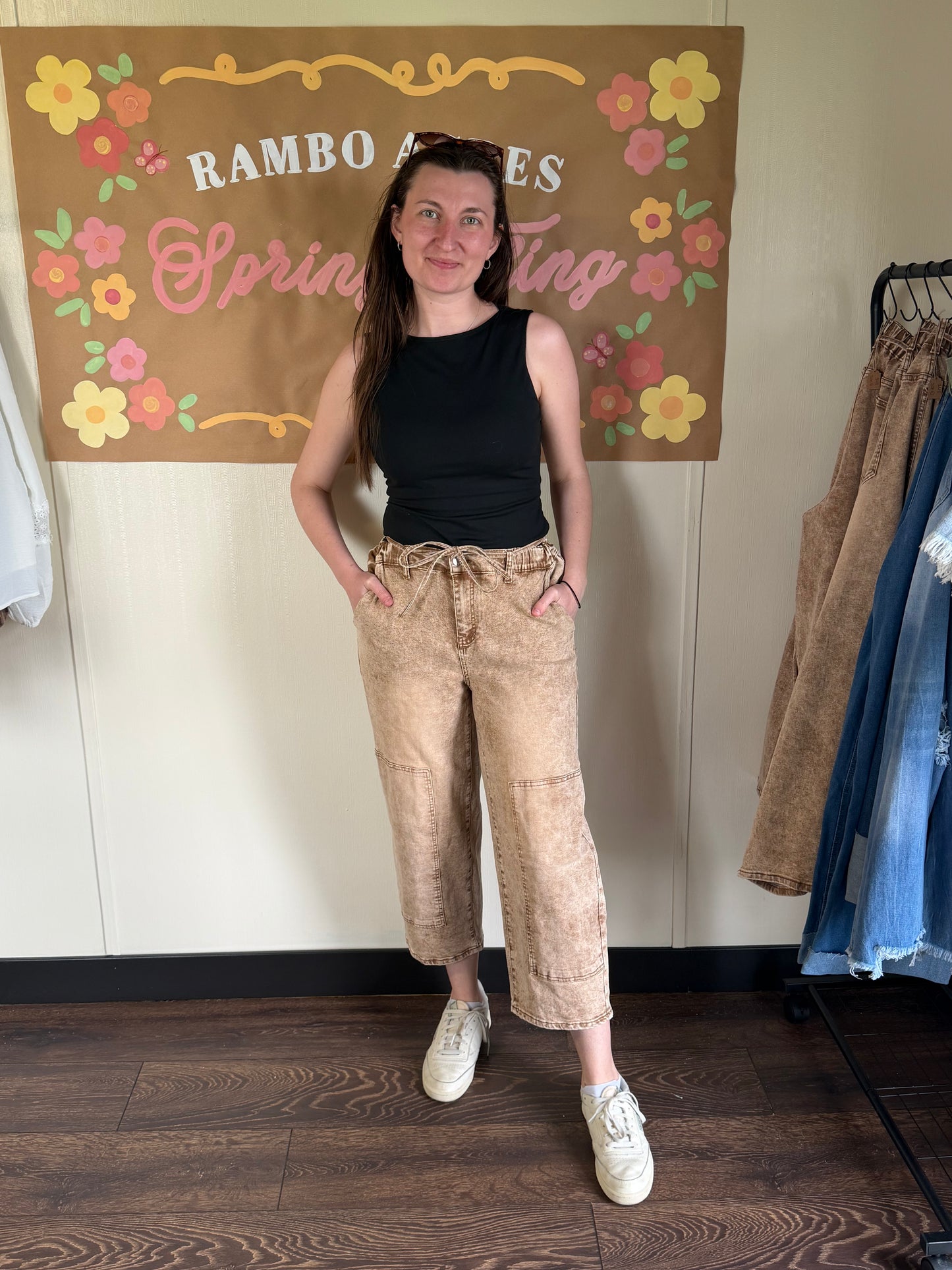 Acid Wash Barrel Fit Denim Pants with Waist String