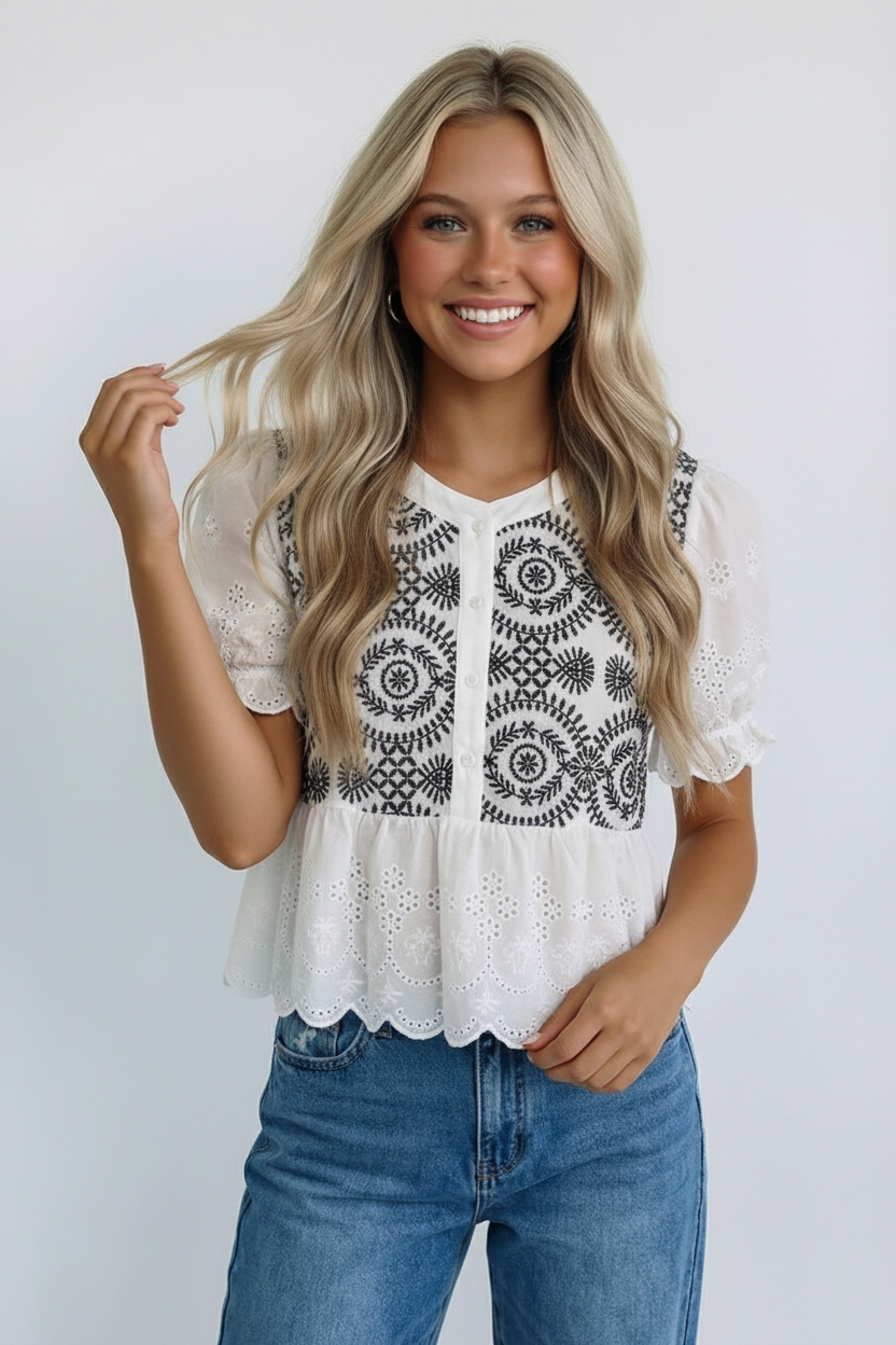 BUTTON DOWN EYELET LACE SHIRTS BLOUSE