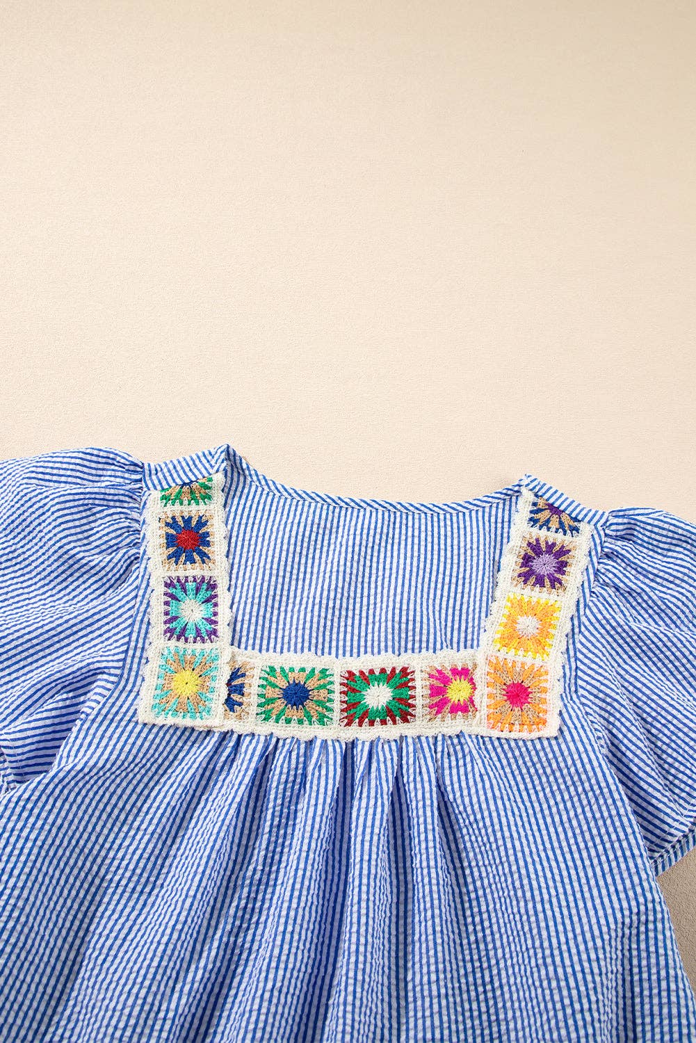 PRETTY BASH Stripe Crochet Neck Texture Ruffle Sleeve Blouse