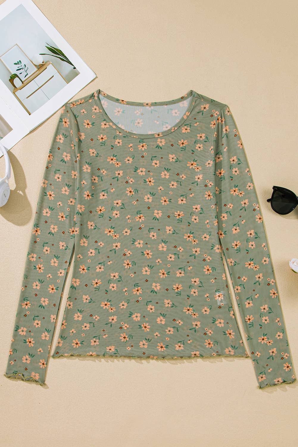 Vintage Floral Print Southern Style Mesh Long Sleeve Top