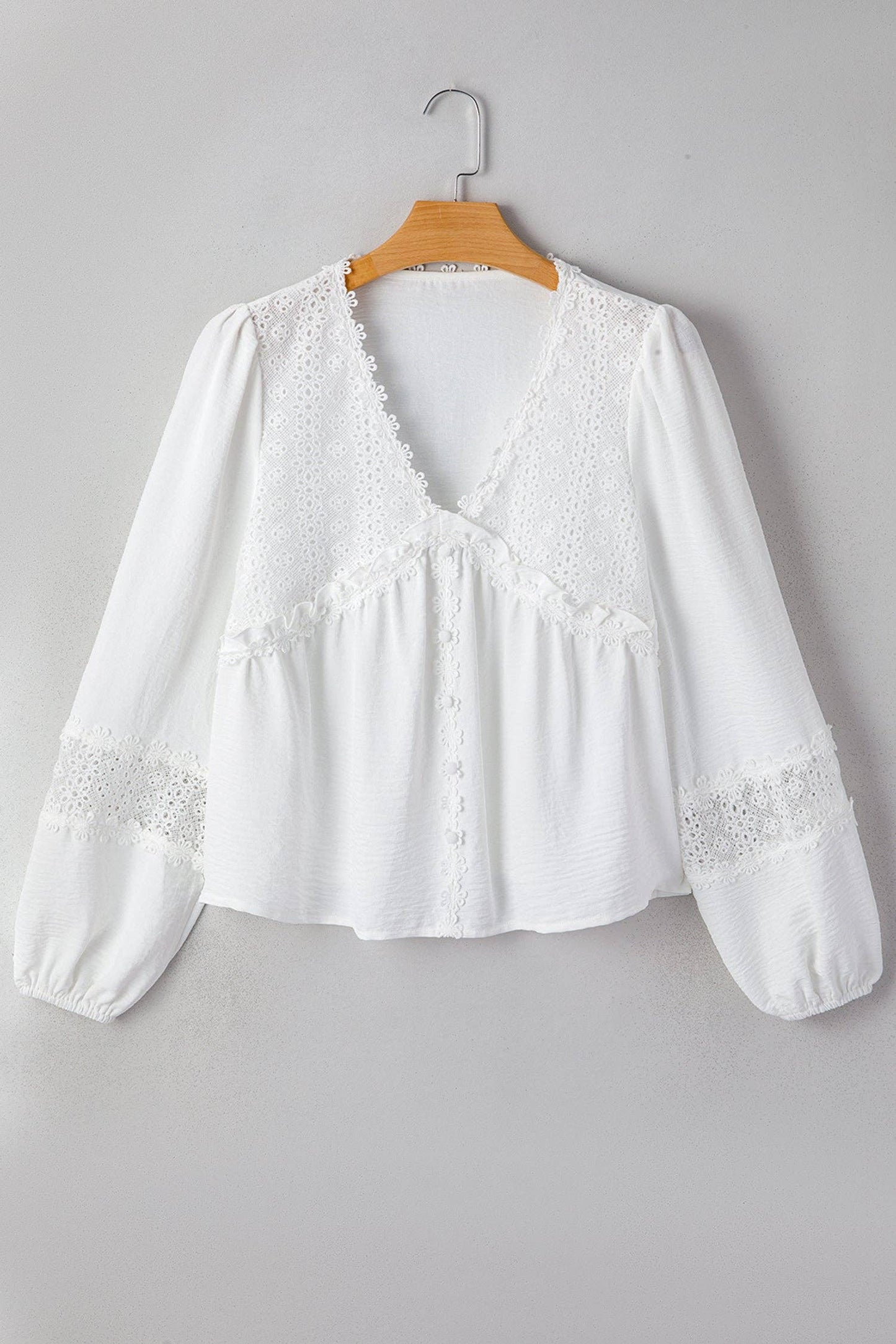 PRETTY BASH Solid Floral Guipure Lace Frilled Blouse