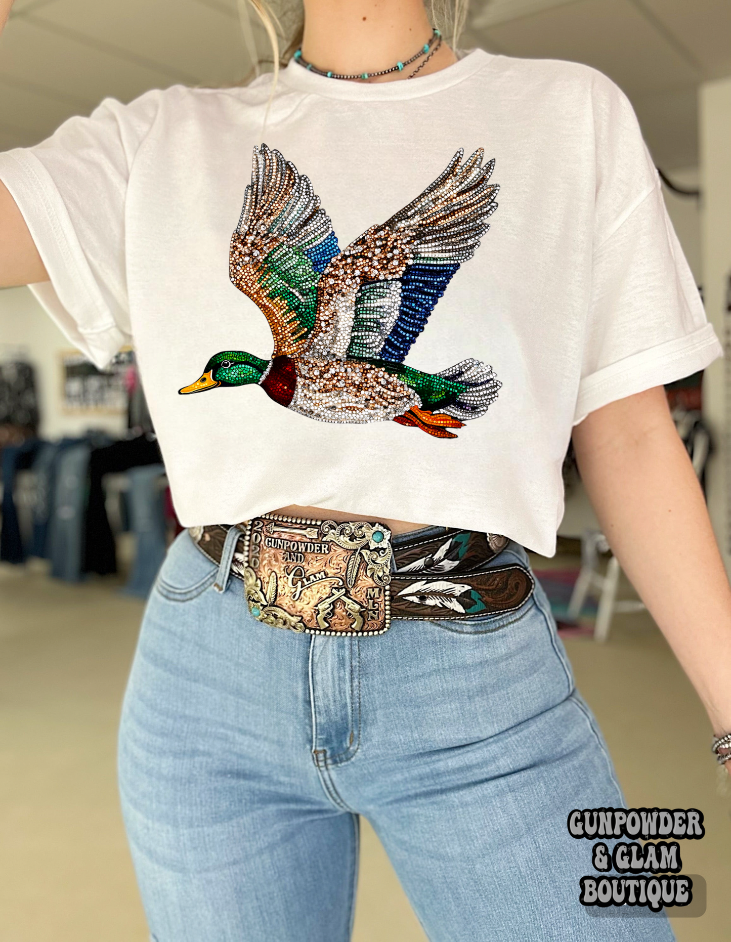 Faux Rhinestone Mallard Tee or Crewneck