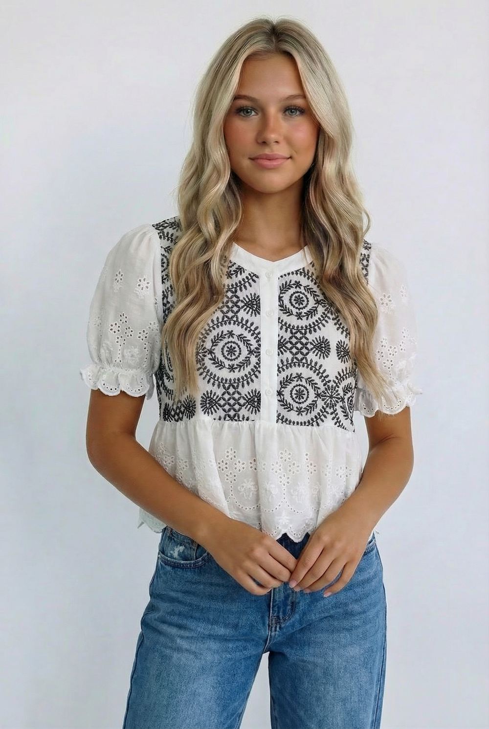 BUTTON DOWN EYELET LACE SHIRTS BLOUSE